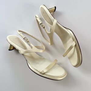 Vince Ivory Satin Slingback Sandals with Gold Accent Heel